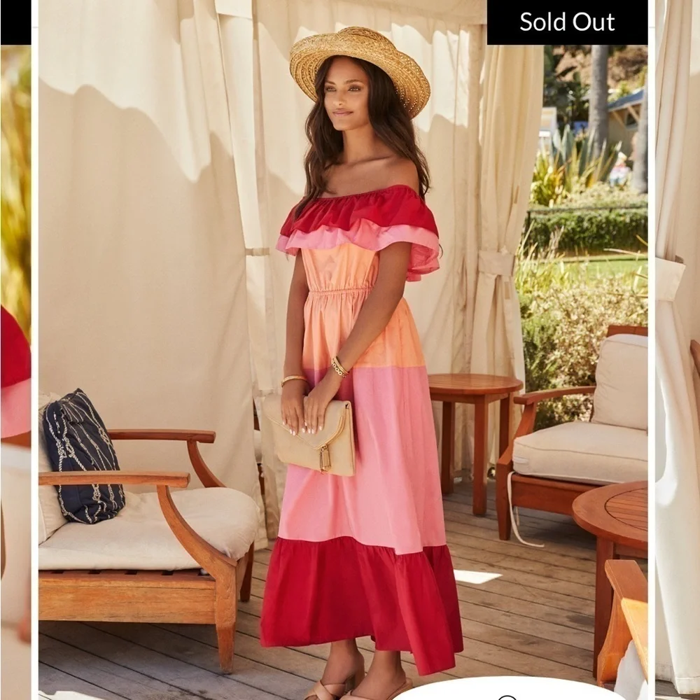 English Factory Pink, Orange, Red Off the Shoulder Maxi Dress